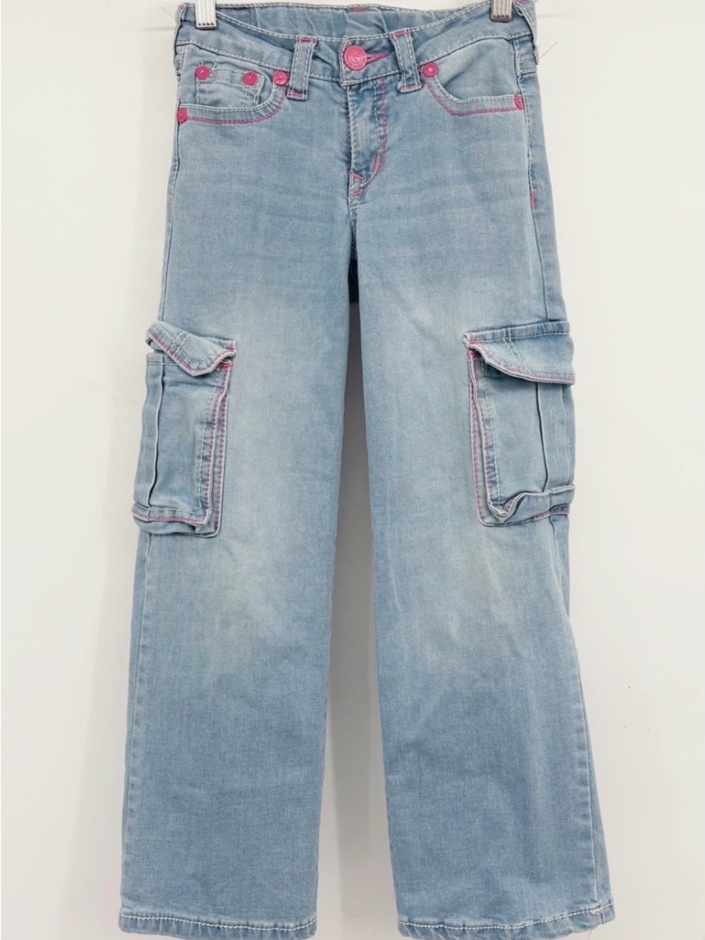 True Religion Light Blue Cargo Wide-Leg Jeans with Pink Trim